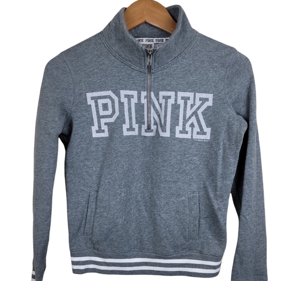 Victoria Secret PINK Grey Iconic Logo Pullover Quarter Zip Sweater Size XS - Picture 3 of 9